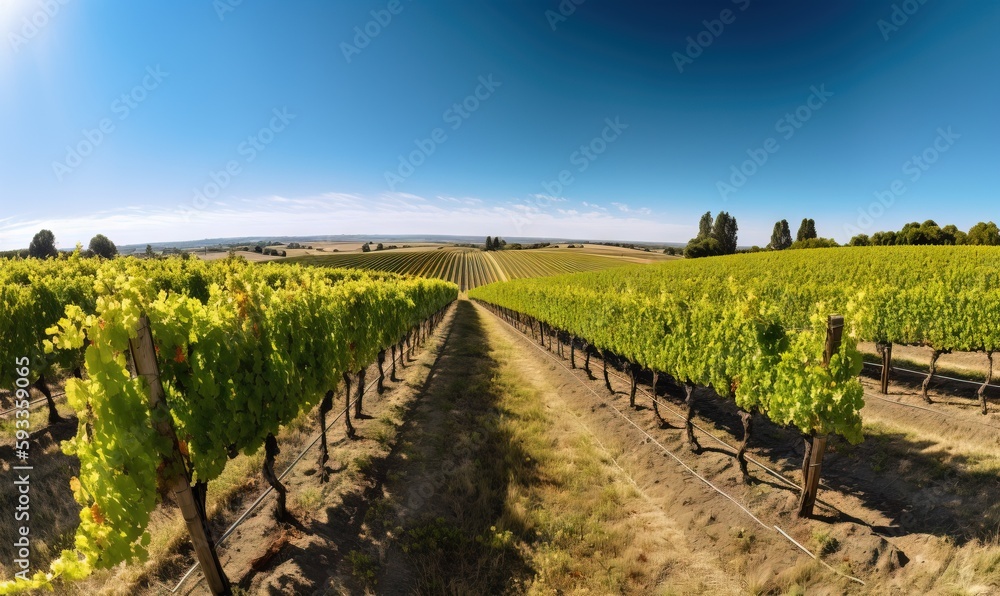 Fototapeta premium a row of green vines in a field with a blue sky. generative ai