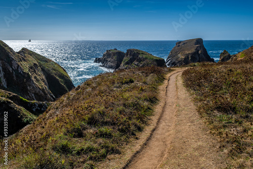 Coastal Hiking Path With Spectacular Cliffs At Peninsula Pointe Du Van On Cap Sizun At The Finistere Atlantic Coast In Brittany, France photo