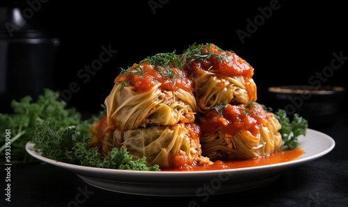  a white plate topped with pasta covered in sauce and garnished with parsley.  generative ai