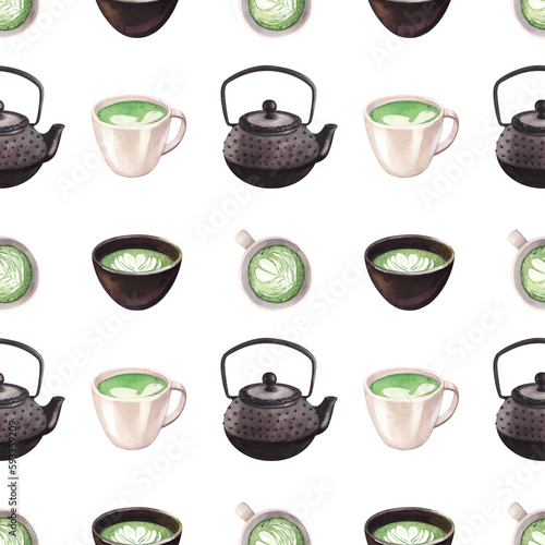 Watercolor seamless pattern matcha tea and coffee elements. Hand-drawn illustration isolated on white background. Perfect concept for cafe, restaurant, menu Japanese tea ceremony