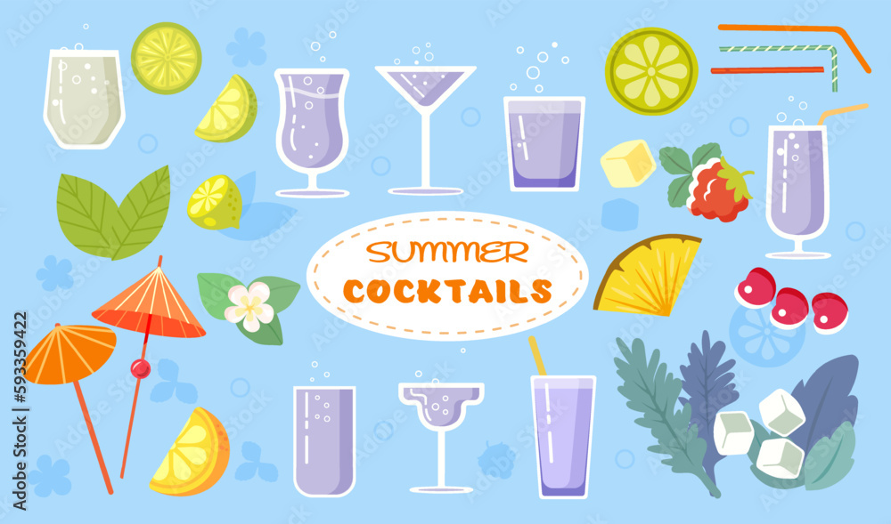 Set of cute flat elements Consisting of lime, lemon, orange, strawberry, pineapple, flowers, leaves, umbrellas, ice cubes and 8 glasses. Ideal for creating a summer poster, tags, invitations, stickers Set of cute flat elements Consisting of lime, lemon, orange, strawberry, pineapple, flowers, leaves, umbrellas, ice cubes and 8 glasses. Ideal for creating a summer poster, tags, invitations, stickers
