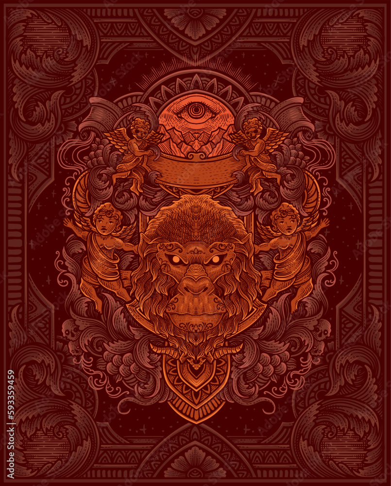 Fototapeta premium Illustration vector antique gorilla head with vintage engraving ornament in back perfect for your merchandise and T shirt