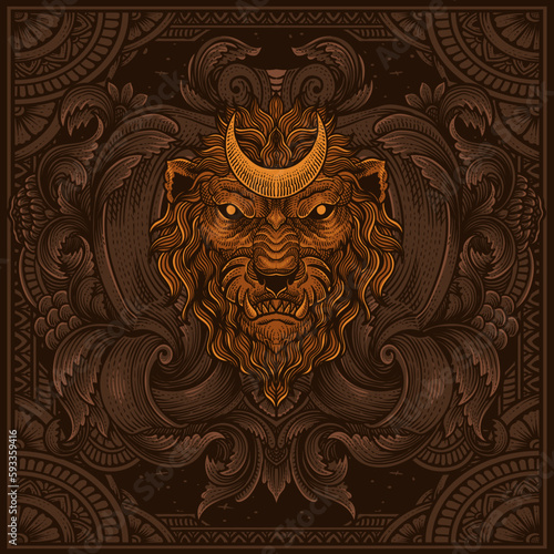 Illustration of lion head with vintage engraving ornament in back perfect for your business and Merchandise