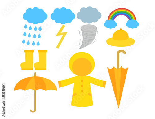 Set of rainy season elements.Forecast meteorology.Weather concept.Umbrella, Raincoat, boots and hat.Rainfall.Flat design.Sign, symbol, icon or logo isolated.Cartoon vector illustration.Graphic design.