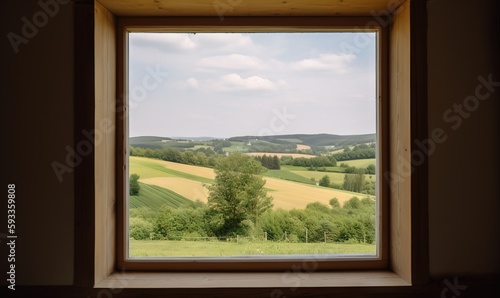  a window with a view of a field and a tree.  generative ai