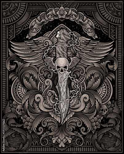 illustration demon knife with vintage engraving ornament on the back perfect for your business and merchandise