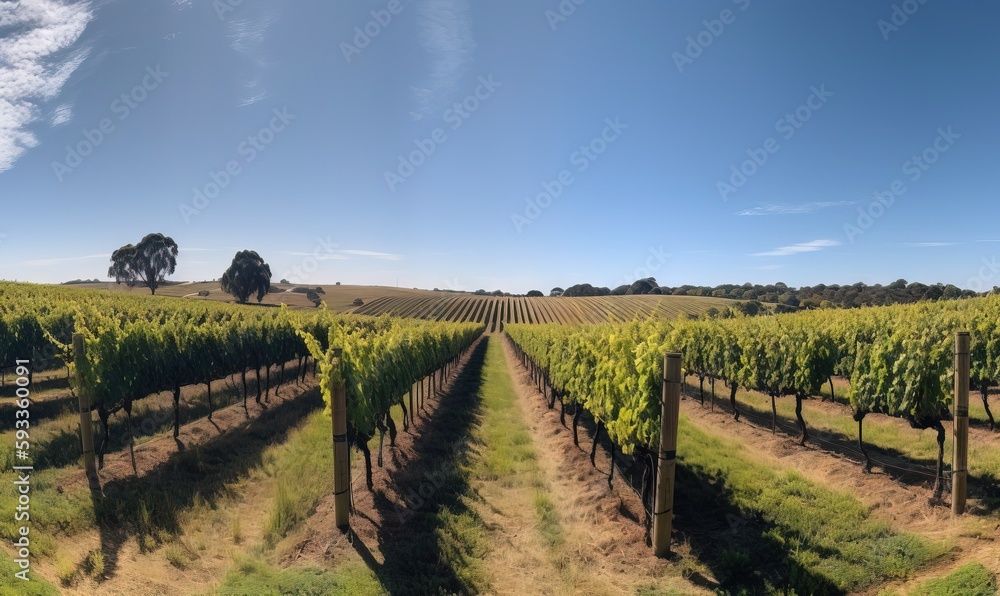  a vineyard with rows of green vines and trees in the background.  generative ai