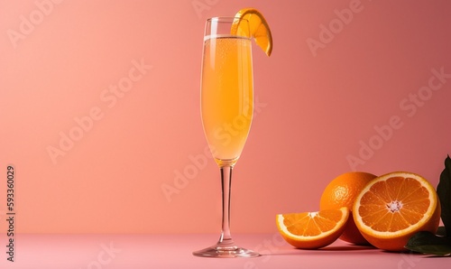  a glass of orange juice next to an orange slice on a pink background.  generative ai