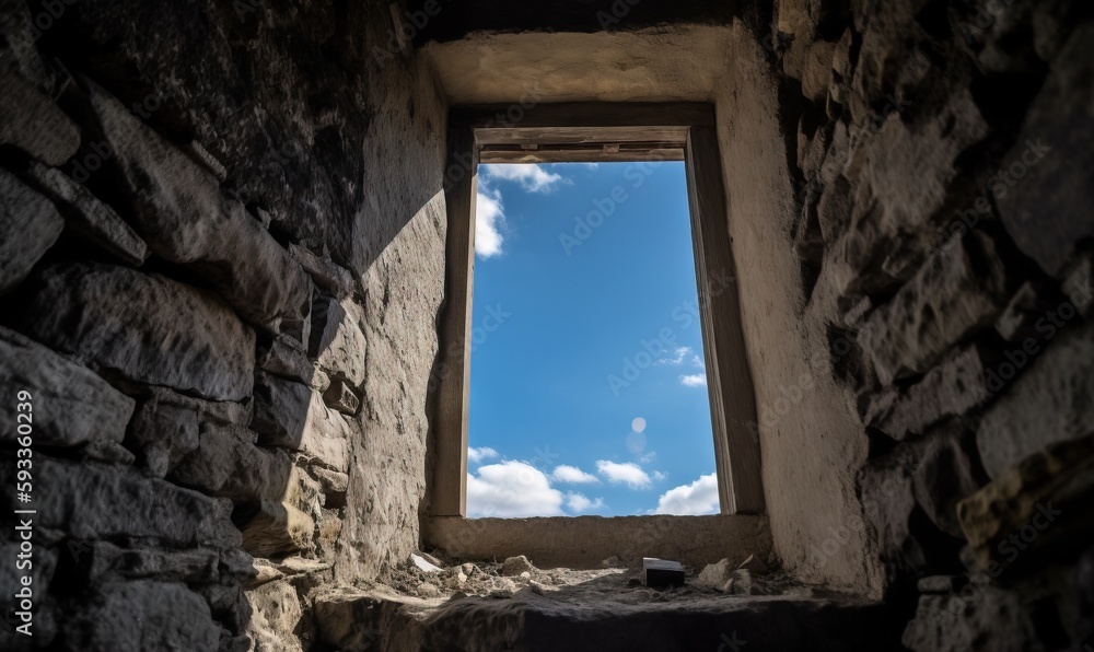  a window in a stone wall with a sky in the background.  generative ai