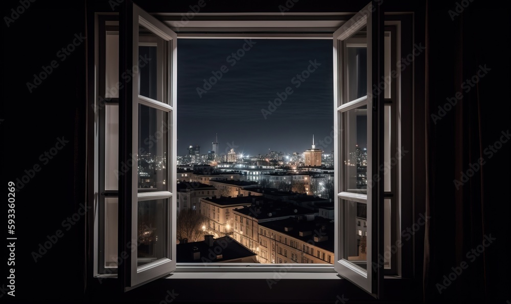 an open window with a view of a city at night. generative ai an open window with a view of a city at night. generative ai