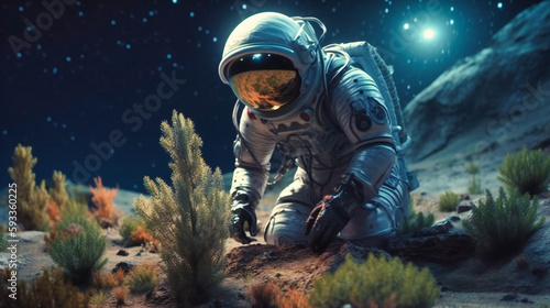 A space astronaut plants a pine near an alien landscape with an orbital planet and starry planet