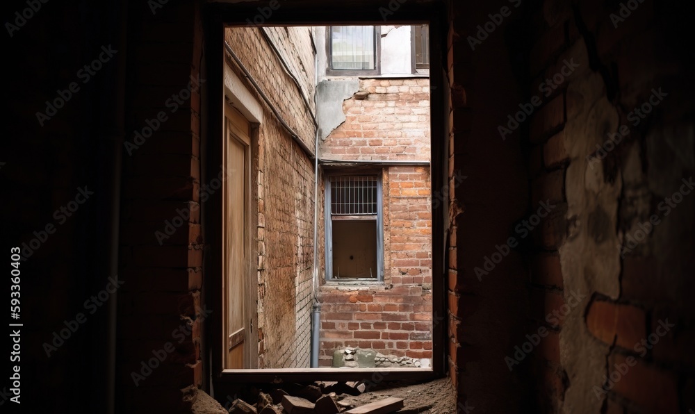  a narrow alleyway with a window and a brick wall.  generative ai