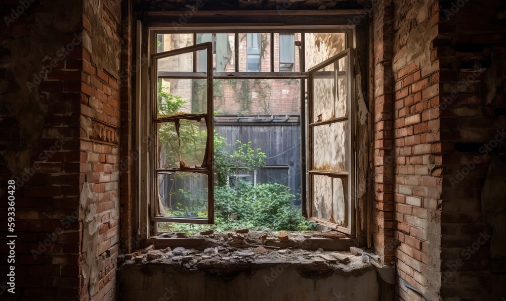  a window in a brick building with a plant growing out of it.  generative ai