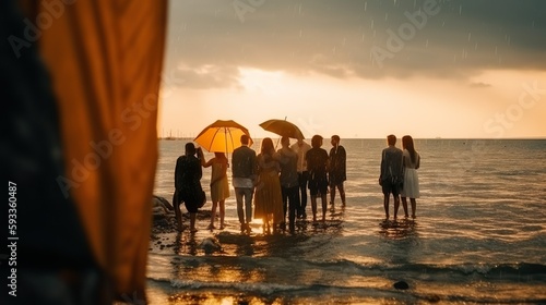 Wundersch  ne Hochzeit am Strand bei unwetter  Regen  Wolken  generative AI