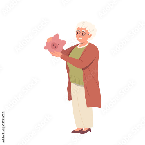 Happy retired elderly woman character holding piggy bank standing isolated on white background