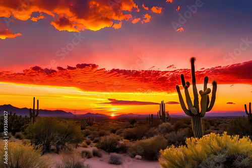 vibrant and colorful sunset over a desert