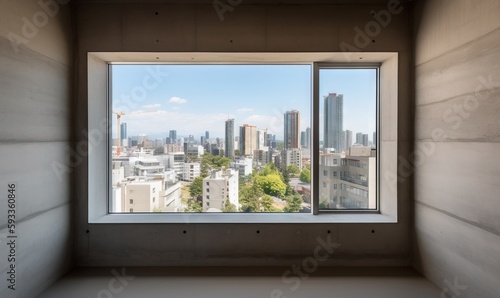  a view of a city from a window in a building.  generative ai