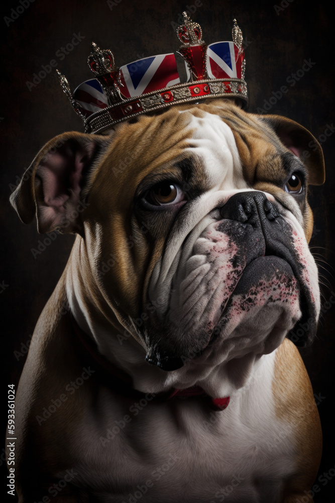 A portrait of a british bulldog wearing a union jack flag royal crown. Generative ai