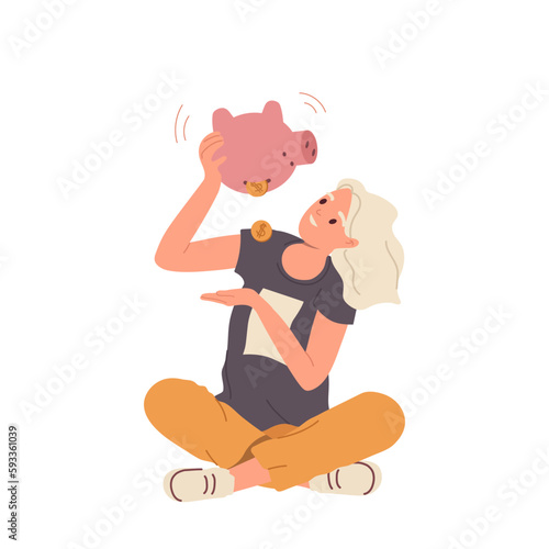 Happy smiling young woman taking money coin from piggy bank sitting isolated on white background