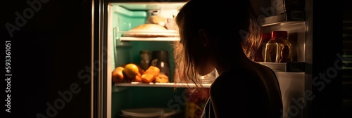 The girl stands in front of the open door of the refrigerator, looking inside it, in the dark. Generative AI