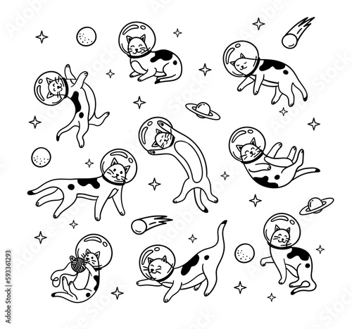 Space Astronaut Cute Cat Sign Black Thin Line Set Different Poses. Vector illustration of Kitten Cosmonaut