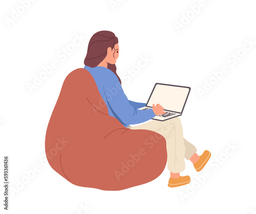 Side view on woman young character using laptop computer sitting on soft bag isolated on white