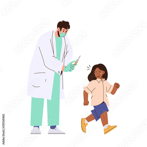 Cute crying girl afraid of injections running from doctor pediatrician holding vaccine syringe