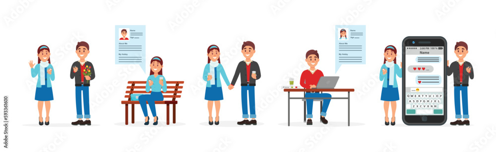 Young Man and Woman on Dating Site Chatting with Each Other Vector Illustration Set Young Man and Woman on Dating Site Chatting with Each Other Vector Illustration Set