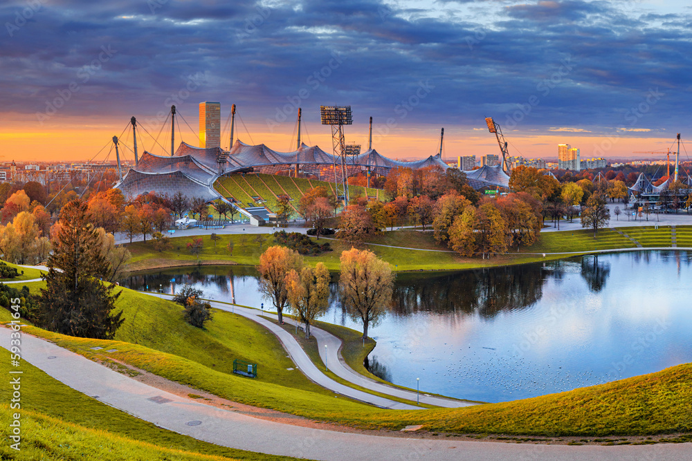 Autumn cityscape - view of the Olympiapark or Olympic Park located in the Oberwiesenfeld neighborhood of Munich, Bavaria, Germany