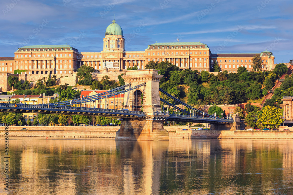 City summer landscape - view of the Szechenyi Chain Bridge and Buda Castle on Castle Hill over the Danube river in Budapest, Hungary