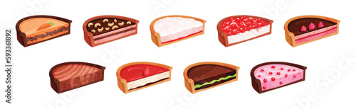 Sweet Homemade Pie or Cheesecake Halves with Berry Filling and Crust Made of Shortcrust Pastry Vector Illustration Set