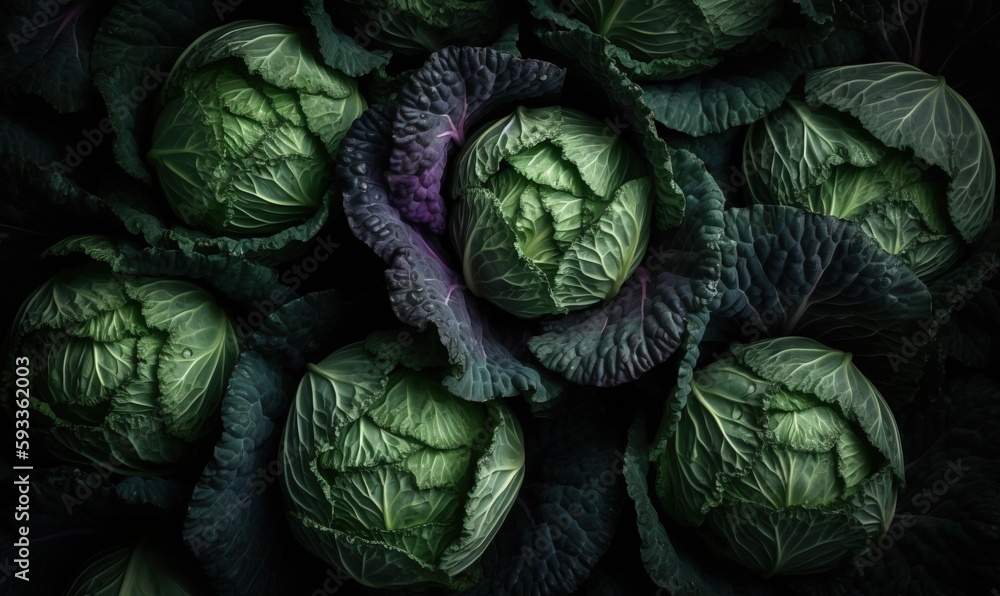 Fototapeta premium a bunch of green and purple cabbages in a pile. generative ai