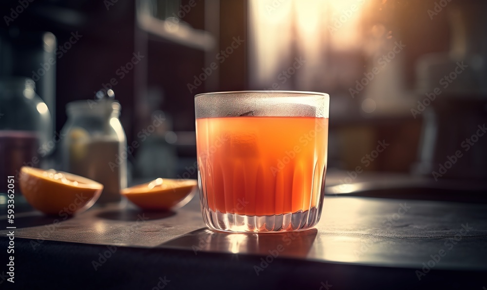 a glass of orange juice sitting on a table next to an orange slice. generative ai a glass of orange juice sitting on a table next to an orange slice. generative ai
