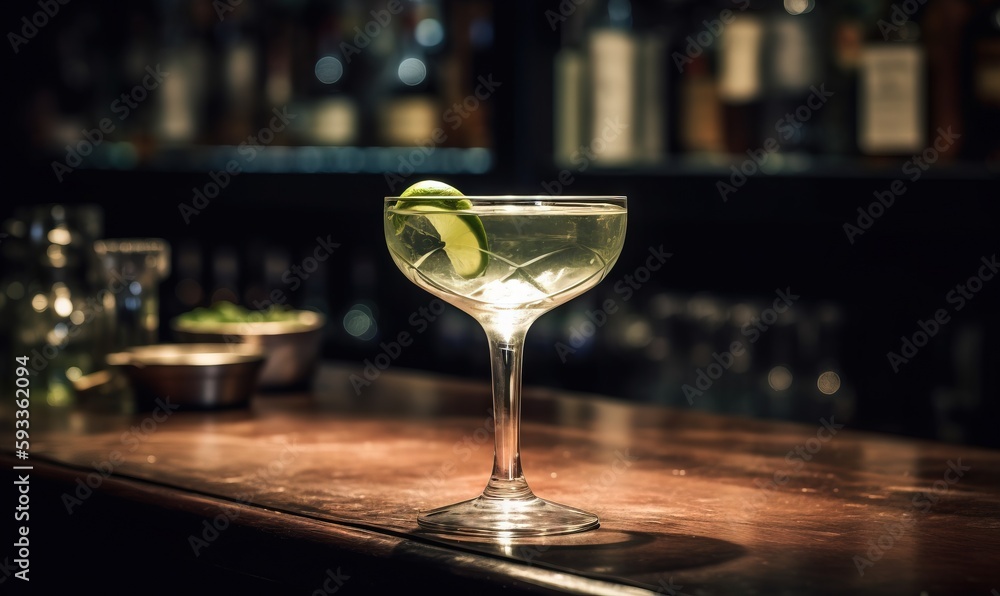 a glass of alcohol with a lime wedge in it sitting on a bar. generative ai a glass of alcohol with a lime wedge in it sitting on a bar. generative ai