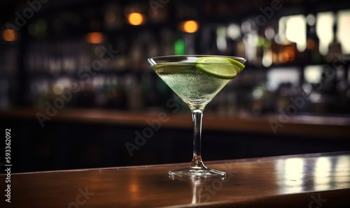  a martini with a lime slice on the rim on a bar.  generative ai