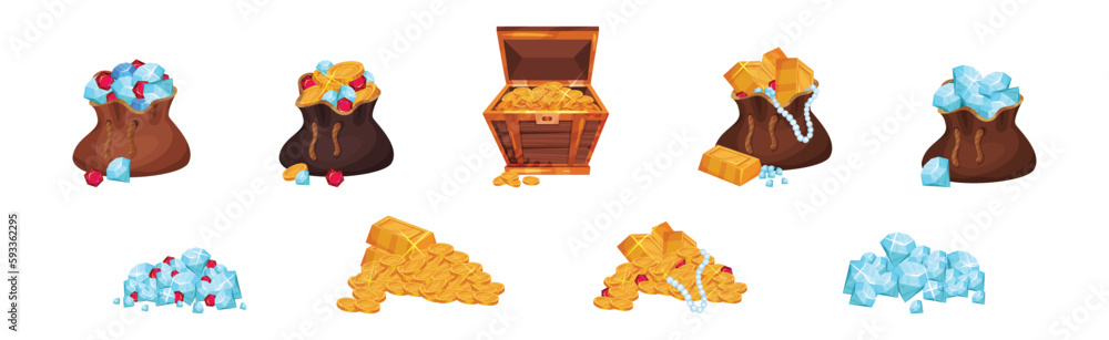Pile of Golden Coins, Ingots and Gemstones in Wooden Chest and Sack Vector Set Pile of Golden Coins, Ingots and Gemstones in Wooden Chest and Sack Vector Set