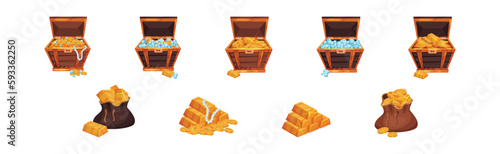 Pile of Golden Coins, Ingots and Gemstones in Wooden Chest and Sack Vector Set