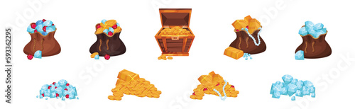 Pile of Golden Coins, Ingots and Gemstones in Wooden Chest and Sack Vector Set