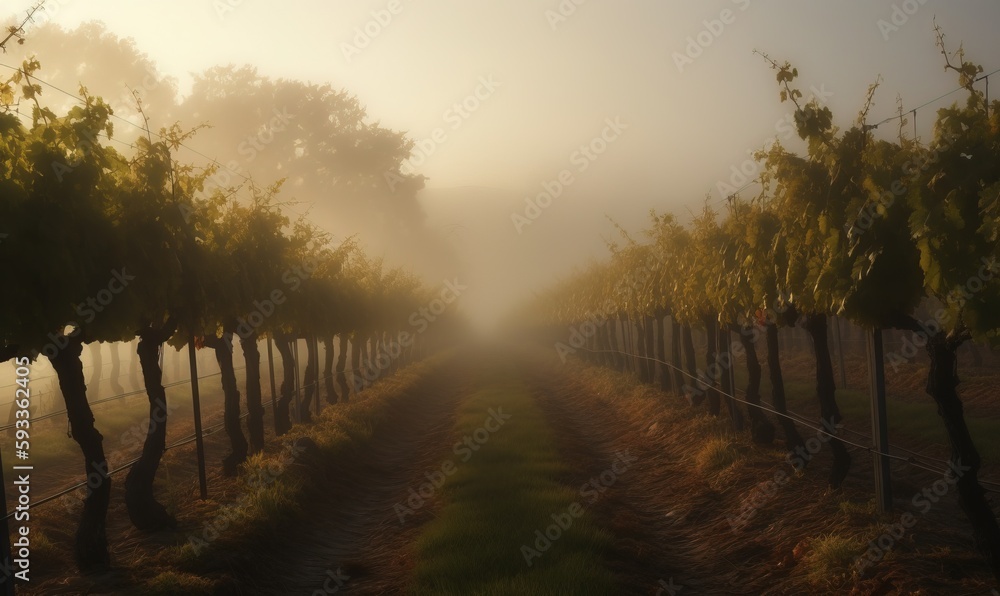  a foggy vineyard with rows of trees in the foreground.  generative ai