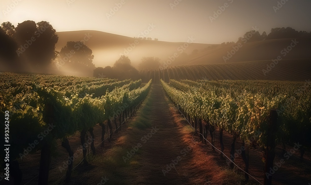  a foggy vineyard in the early morning with the sun shining through the trees.  generative ai