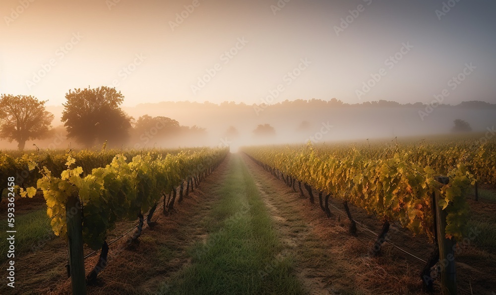 Naklejka premium a foggy vineyard in the middle of a field of vines. generative ai