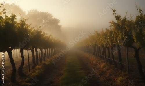  a foggy vineyard with rows of trees in the foreground. generative ai