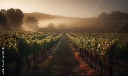  a foggy vineyard in the early morning with the sun shining through the trees. generative ai