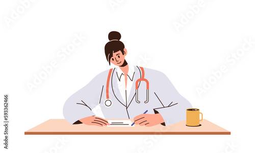 Young woman pediatrician or nurse sitting at table and writing prescription in patient form