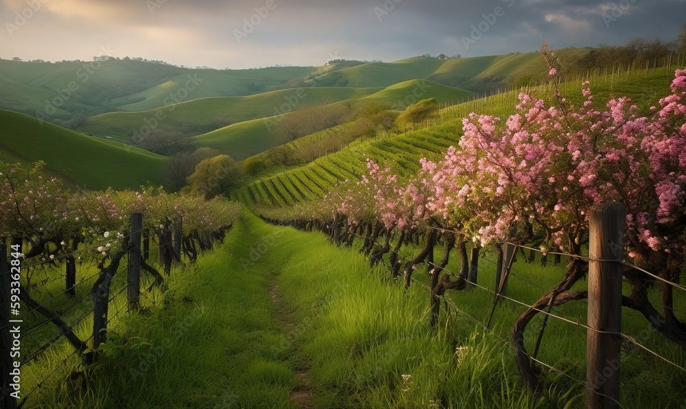 Fototapeta premium a lush green hillside with a row of trees and flowers. generative ai