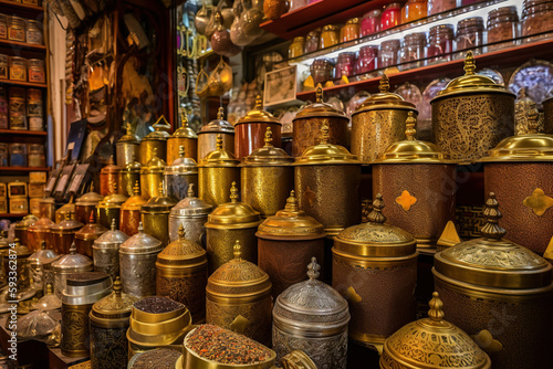 An oriental store filled with lots of different types of jars with nuts, seets and seeds. AI generative image photo