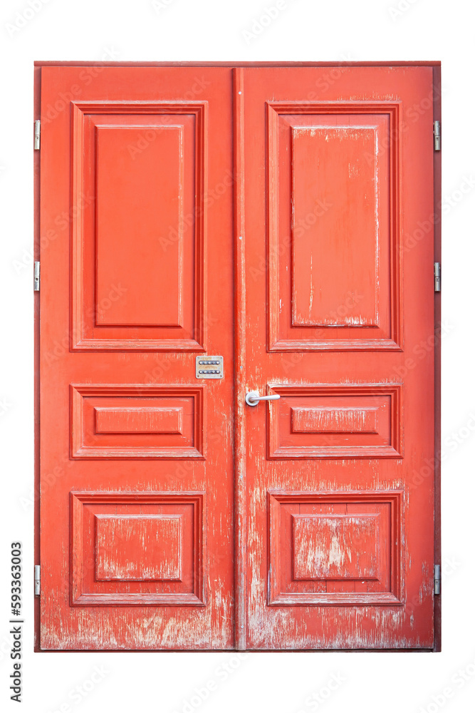 Red wooden front door isolated on white
