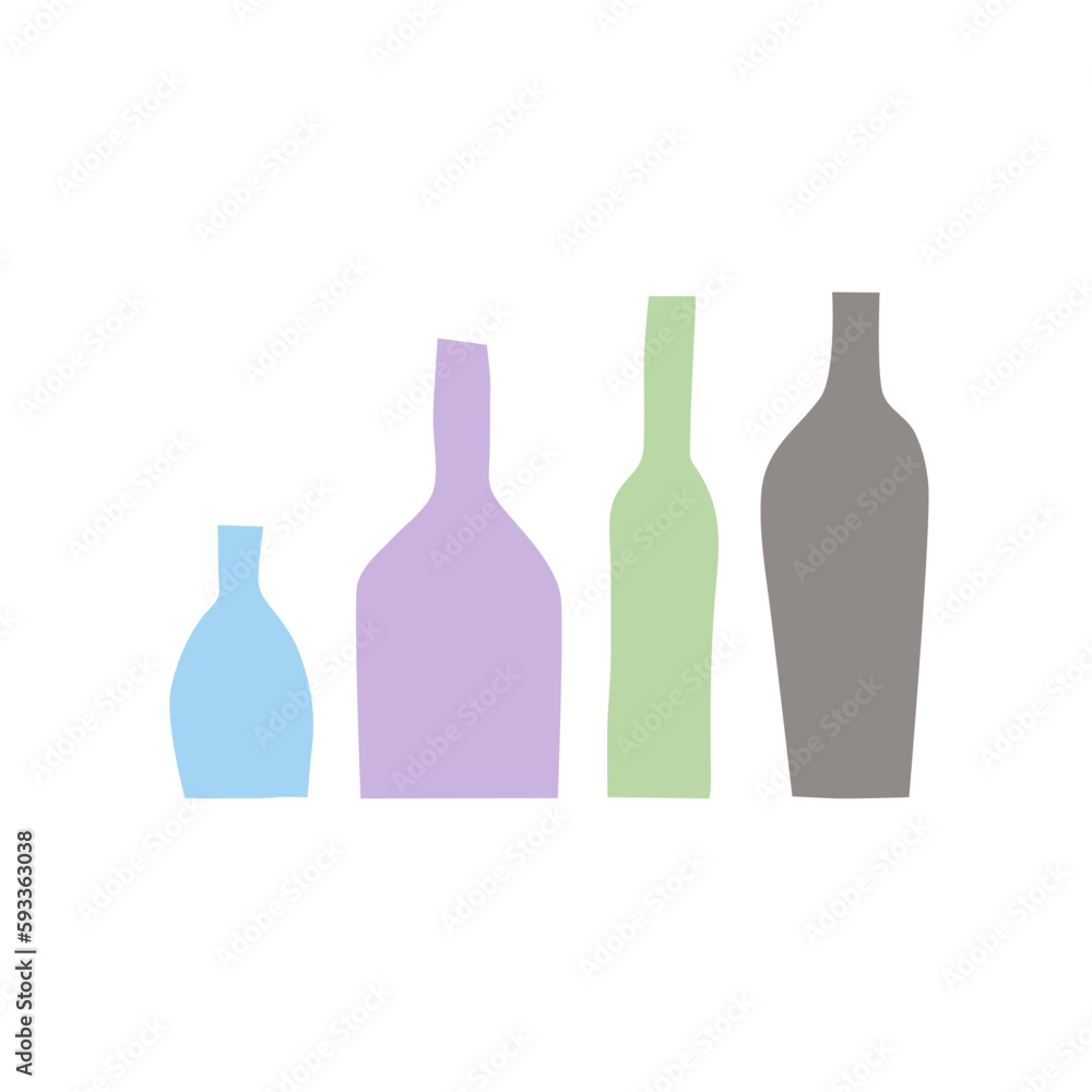Four bottles of different sizes. Vector set. Blue, lilac, green, gray on a white background. Items for bar, restaurant, cafe. Holiday, alcohol, menu, wine list, wine, vodka, cognac, cocktail. Eps10 Four bottles of different sizes. Vector set. Blue, lilac, green, gray on a white background. Items for bar, restaurant, cafe. Holiday, alcohol, menu, wine list, wine, vodka, cognac, cocktail. Eps10
