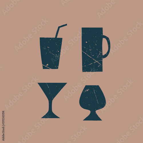 Glass, mug, glass, cocktail. Vector. Green on a beige background. Bar, restaurant, cafe, vintage, alcohol. Menu design, design, decor. Minimalism, silhouette, drawing, grunge. Eps10