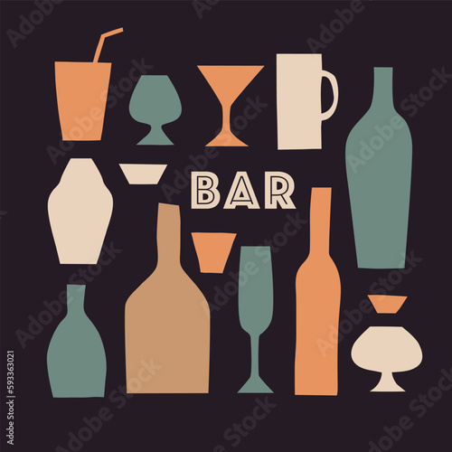 Vector set of barware. Bottle, glass, glass. Colored on a dark background. Silhouette, minimalism, drawing. Cafe, restaurant, alcohol, vintage. Design, decor, menu, decoration. Eps10
